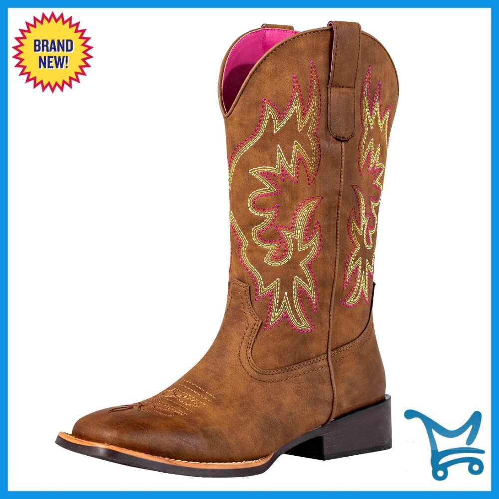 Square Toe Cowboy Boots Wide Calf Mid Shaft Western Stitching Chunky Heel